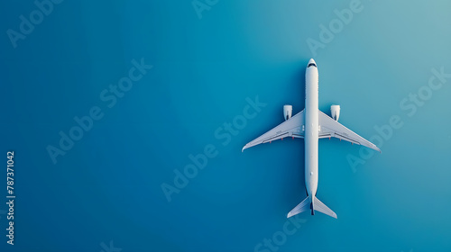 Plane with white flight path on blue background copy space : Generative AI © Generative AI