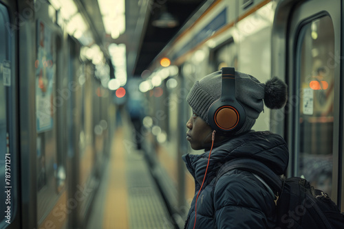 An individual immersed in music through headphones, illustrating a seamless integration with their daily commute