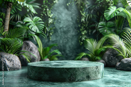 A round podium in the center of a tropical jungle, surrounded by plants and mist. Created with Ai