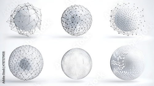 Set of abstract spheres from points and lines on a white background, generative Ai