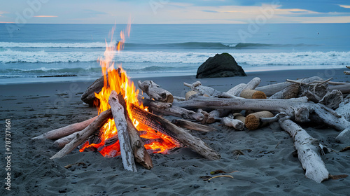 Bonfire surrounded by driftwood on the beach, serving as a tranquil landmark during a calm sunset