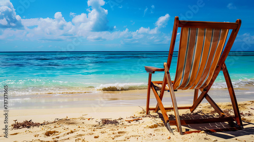 Beach chair facing the turquoise sea, offering a serene spot for relaxation under the tropical sun
