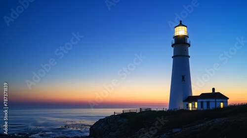 Stately lighthouse illuminating the dusk sky over tranquil coastal waters