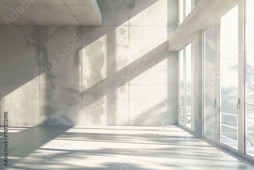 Sunlight casting shadows in a spacious, minimalist interior with concrete walls and large windows, evoking calm and simplicity.