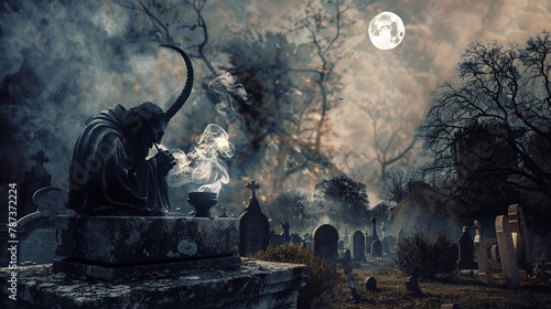 Halloween night scene, Satan on cemetery smoking 