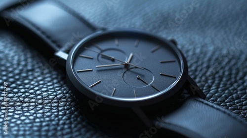 Closeup of a sleek and modern watch with a vegan leather s highlighting the crueltyfree and sustainable alternative to traditional leather watch bands. . photo