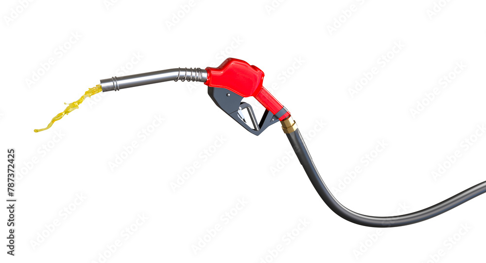 Fuel nozzle with spilling gasoline on white background Fuel nozzle with spilling gasoline on white background