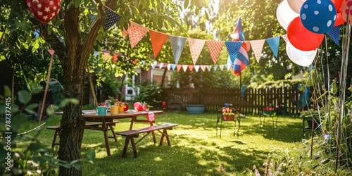 A backyard decorated with patriotic bunting, balloons, and flags for Independence Day. 