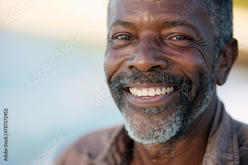A snapshot portraying a serene, mature man with an easygoing smile, exuding a sense of satisfaction photo