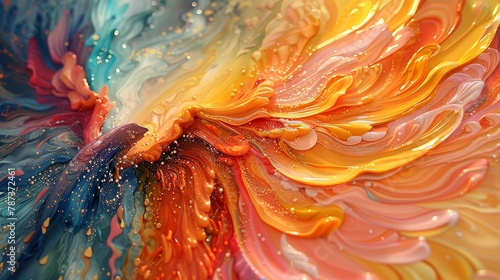 Abstract Wings: A close-up photo of a painting depicting wings, with swirling patterns and vibrant colors photo