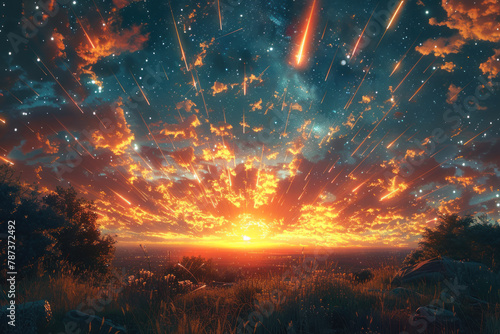 Meteor shower over a mountain landscape with glowing trails against a twilight sky