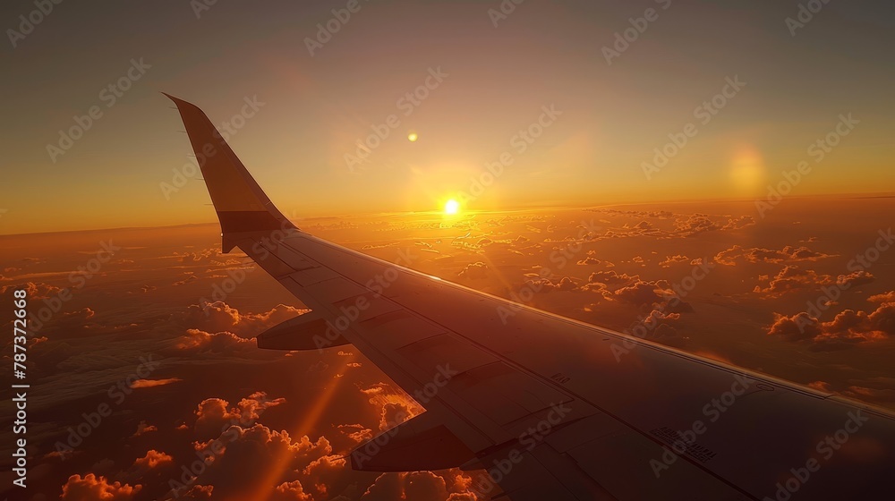 Obraz premium Airplane Wings: A photo of an airplane wing illuminated by the setting sun