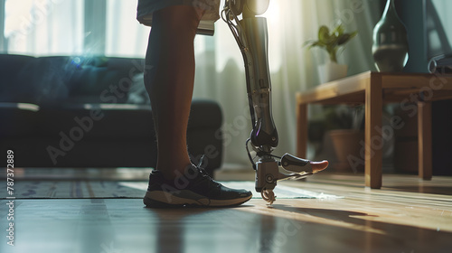 Closeup of unrecognizable man with bionic prosthetic leg at home indoors copy space : Generative AI