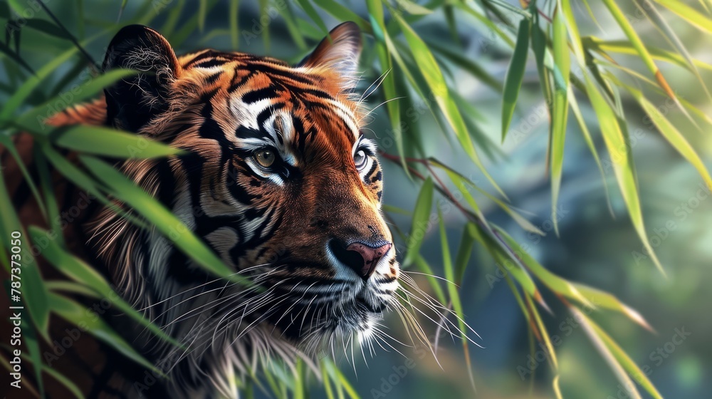 Fototapeta premium Tiger portrait on angle, bamboo leaves, realistic, high contrast.