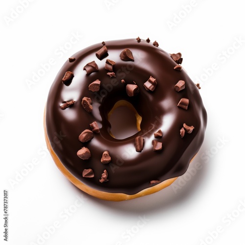 Donut with chocolate glaze on white background.