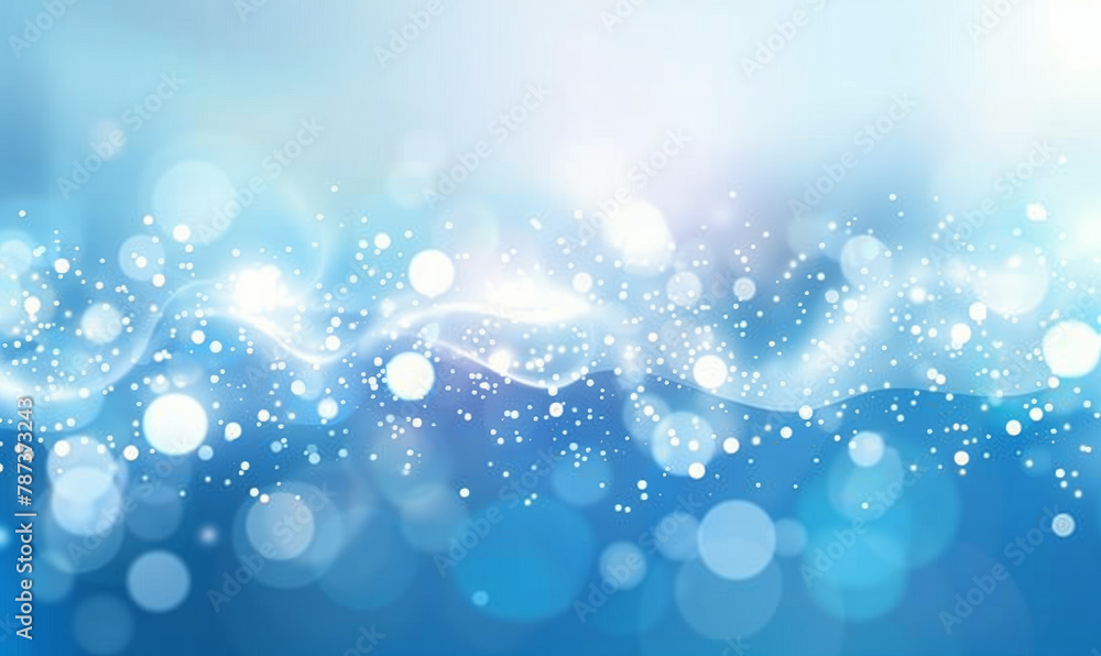 Light blue background with white bokeh, shiny and bright, Abstract light blue background with bokeh lights, and copy space for text. Background of glowing white dots on pastel sky color.
