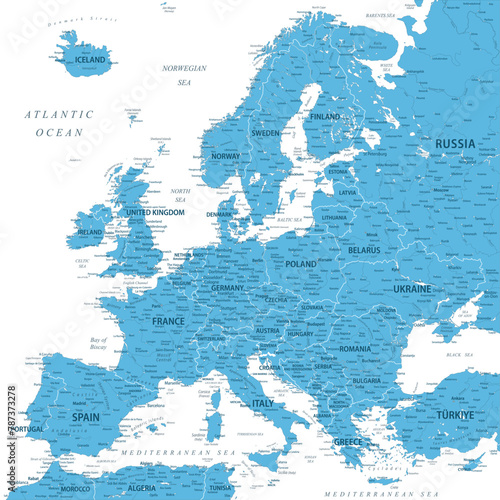 Europe - Highly Detailed Blue Colored Vector Map of the Europe. Ideally for the Print Posters
