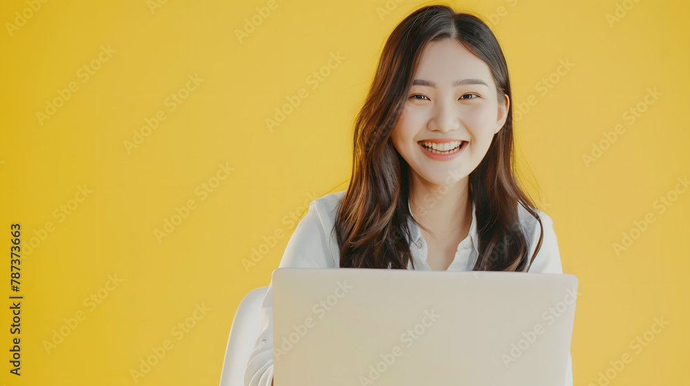 Young woman asian happy smiling While her using laptop sitting on white chair and looking isolate on copy space yellow background : Generative AI Young woman asian happy smiling While her using laptop sitting on white chair and looking isolate on copy space yellow background : Generative AI