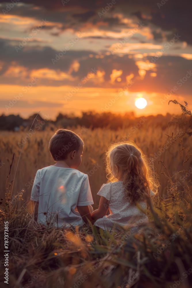 A charming scene of a young boy and girl enjoying a picturesque sunset together A charming scene of a young boy and girl enjoying a picturesque sunset together