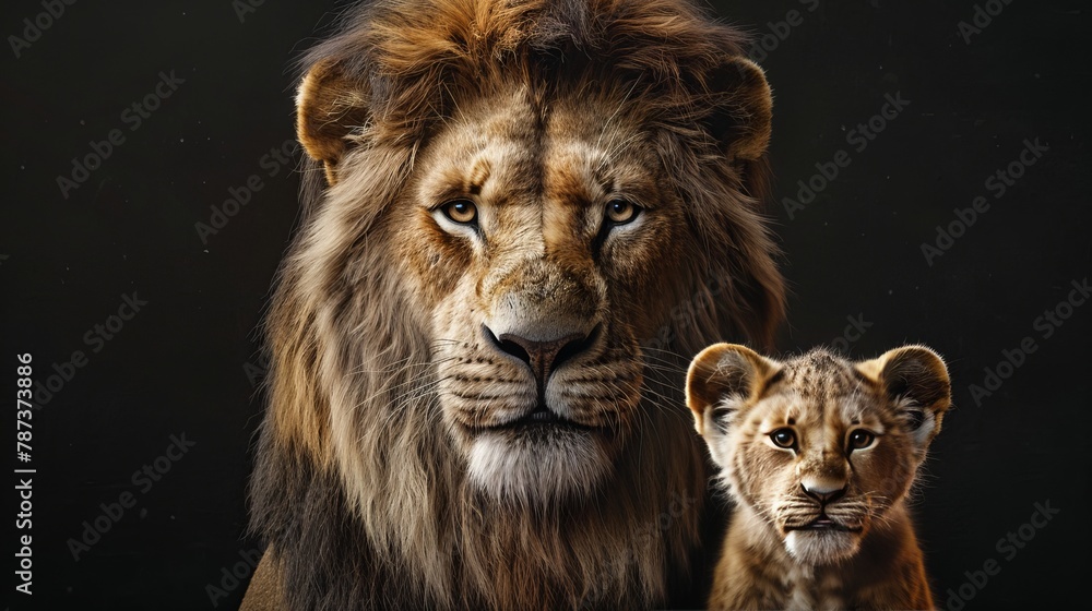 Male lion and cub portrait with ample space for text, object placed on the right side Male lion and cub portrait with ample space for text, object placed on the right side