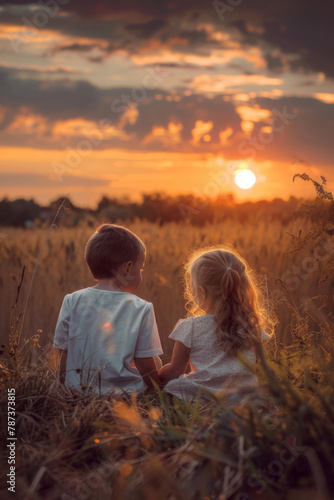 A charming scene of a young boy and girl enjoying a picturesque sunset together