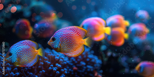 Closeup of an orange and blue tropical fish swimming among coral reefs in the sea, capturing its vibrant colors and unique patterns. Created with Ai