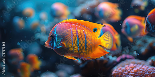  Closeup of an orange and blue fish swimming in the coral reef, surrounded by other colorful tropical sea creatures. Created with Ai