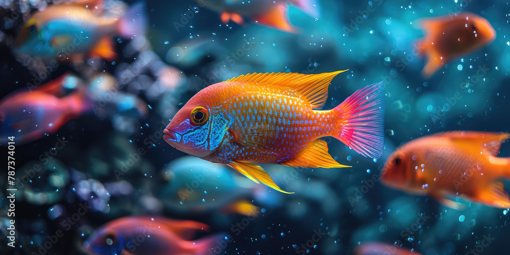 Beautiful orange fish swimming in the sea, surrounded colorful coral reefs. The water is sparkling with sunlight filtering through it. Created with Ai