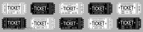 Set of black and white tickets, templates, icons isolated on gray background, vector.