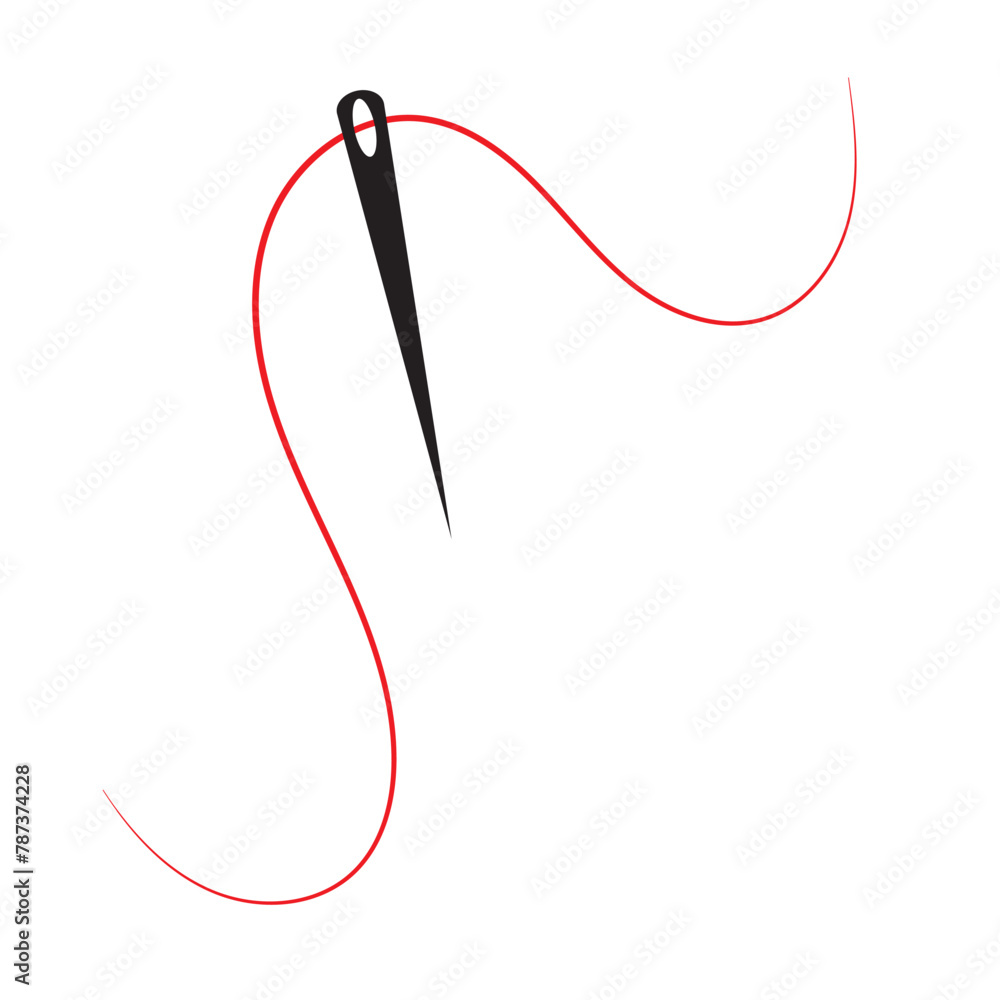 Sewing needle with a long red thread.Vector needle icon on a white background.Vector illustration