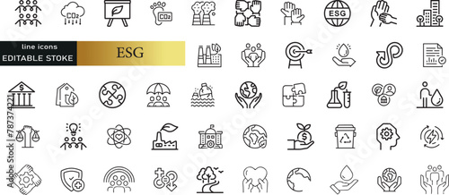 ESG Enviornmental, Social, and Governance line icons set. ESG outline icons with editable stroke collection. Includes Governance, climate crisis, sustainability, ecology,
