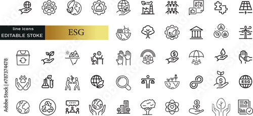 ESG Enviornmental, Social, and Governance line icons set. ESG outline icons with editable stroke collection. Includes Governance, climate crisis, sustainability, ecology,