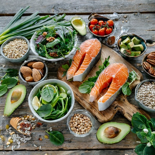 a variety of healthy foods arranged on vintage wooden boards. The composition features an assortment of nutrient-rich ingredients, such as leafy greens, salmon, avocado, nuts, and seeds, highlighting 