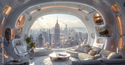futuristic interior design of the bedroom in space station, large round window with view on city sunset sky and cozy sofa and armchair. Created with Ai photo