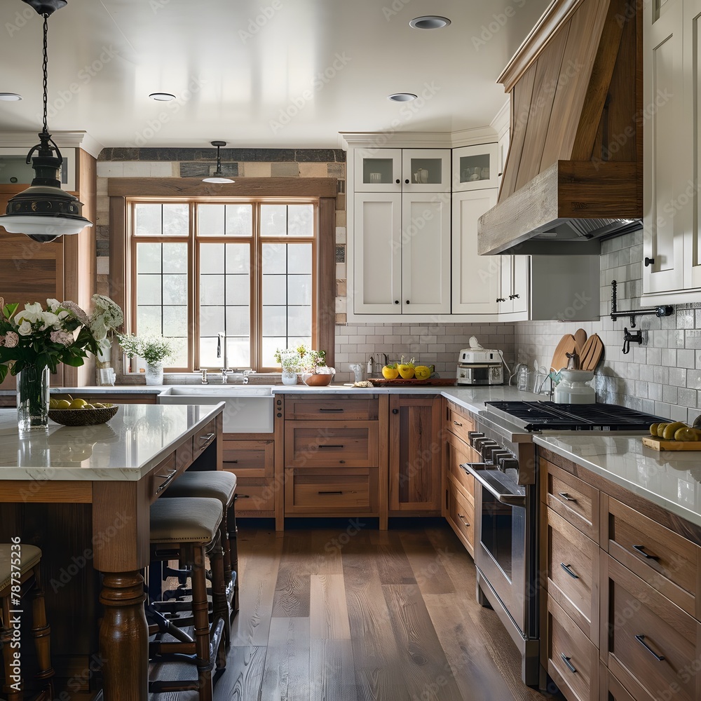 A stunning, expertly crafted modern country kitchen filled with warmth and comfort. The room showcases a spacious island with a luxurious marble countertop, accompanied by charming stools for casual d
