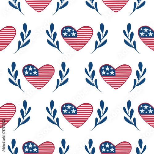 USA heart flag. 4th of July. Seamless pattern. Vector illustration