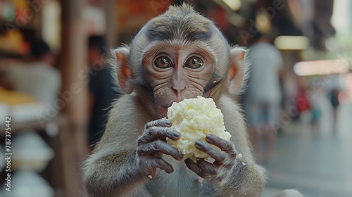 A monkey using its jaw to eat cauliflower, showcasing its snout foraging art