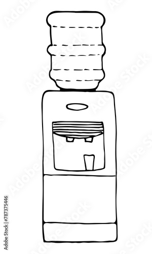 Water cooler isolated on white background. Simple vector doodle drawing. Sketch in ink. Black outline drawing.