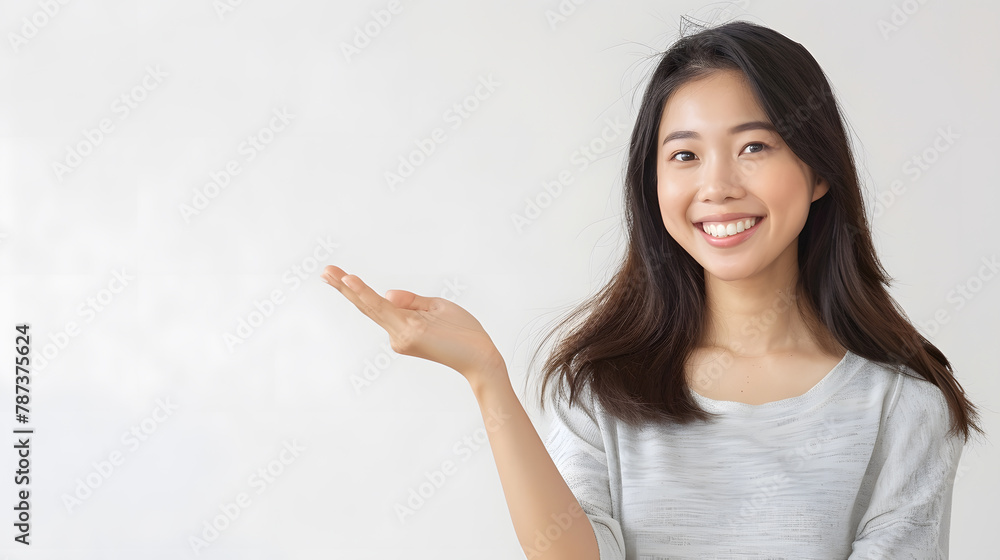 Happy Asian woman presenting or showing open hand palm with copy space for product on white background : Generative AI Happy Asian woman presenting or showing open hand palm with copy space for product on white background : Generative AI
