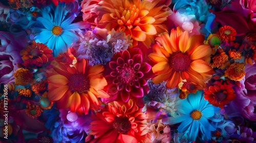 From fiery reds to electric blues immerse yourself in a world of colorful flower explosions that form a stunning floral kaleidoscope.