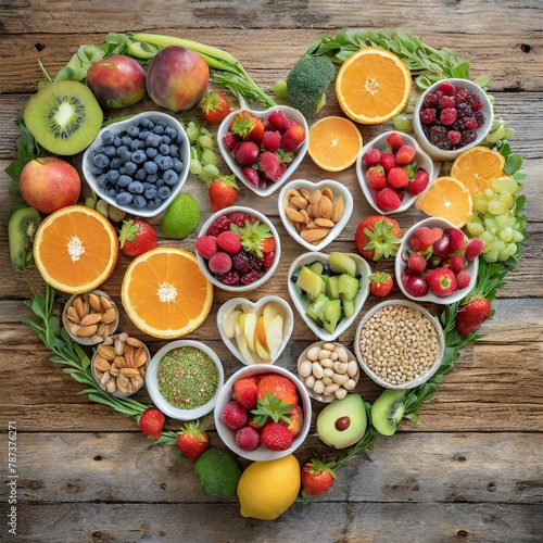 fruits and vegetables on table.a selection of healthy foods arranged in the shape of a heart  symbolizing the importance of heart and cholesterol diet concepts. The foods  presented on vintage wooden 