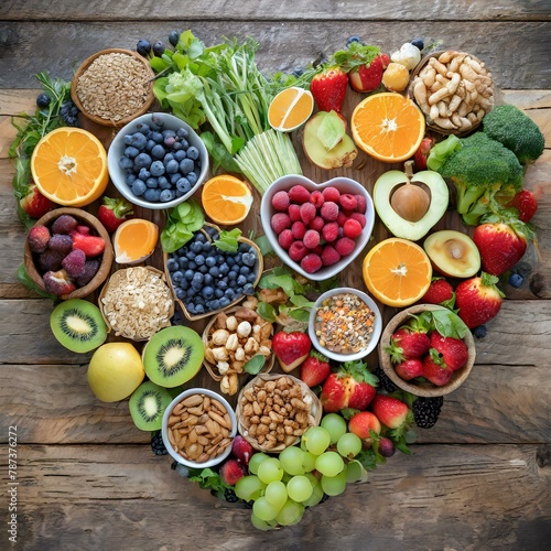 a selection of healthy foods arranged in the shape of a heart  symbolizing the importance of heart and cholesterol diet concepts. The foods  presented on vintage wooden boards  include colorful fruits
