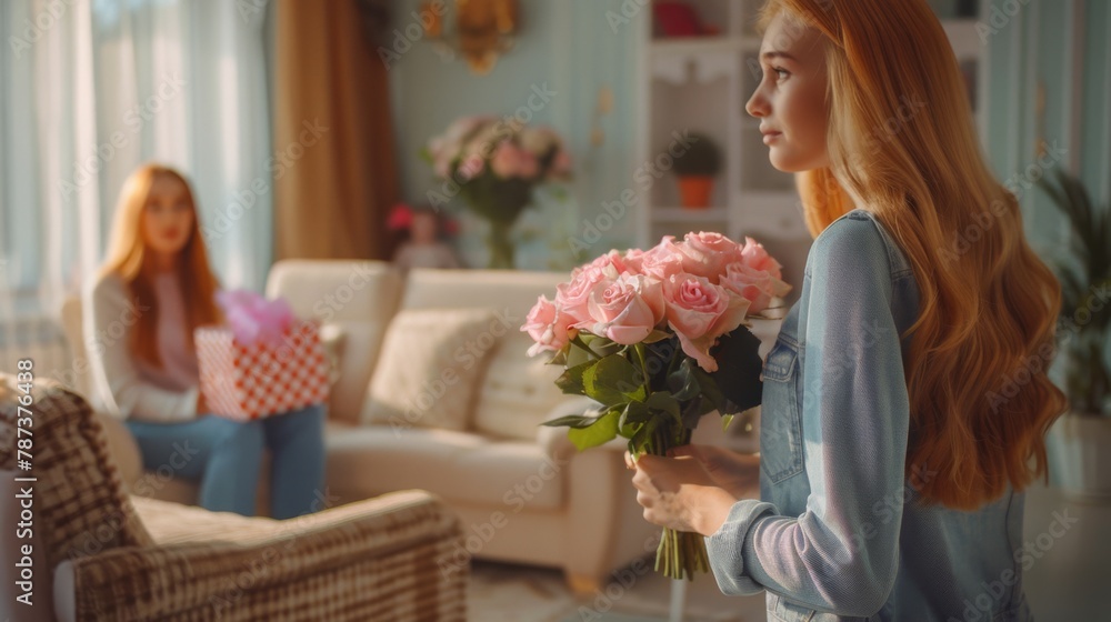 Woman Surprising Friend with Flowers