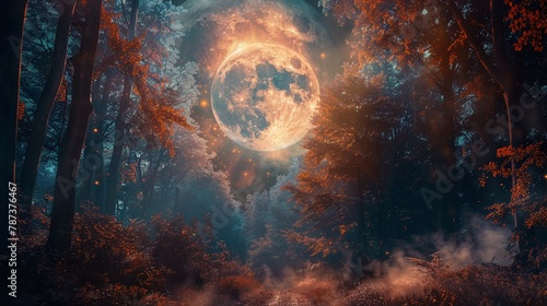Fairy tale scene of a brilliant moon casting its glow on a mysterious dark forest evoking magical and otherworldly feelings