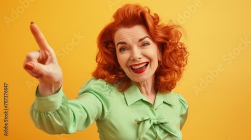 Cheerful Red-Haired Woman Pointing