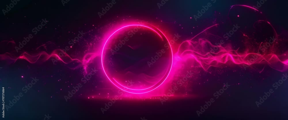 Neon circular particle frame around an energy sound wave, sleek dark theme Neon circular particle frame around an energy sound wave, sleek dark theme
