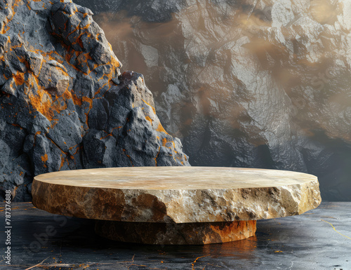 A large, simple podium made of natural stone sits in the center of an empty room with marble walls. Created with Ai