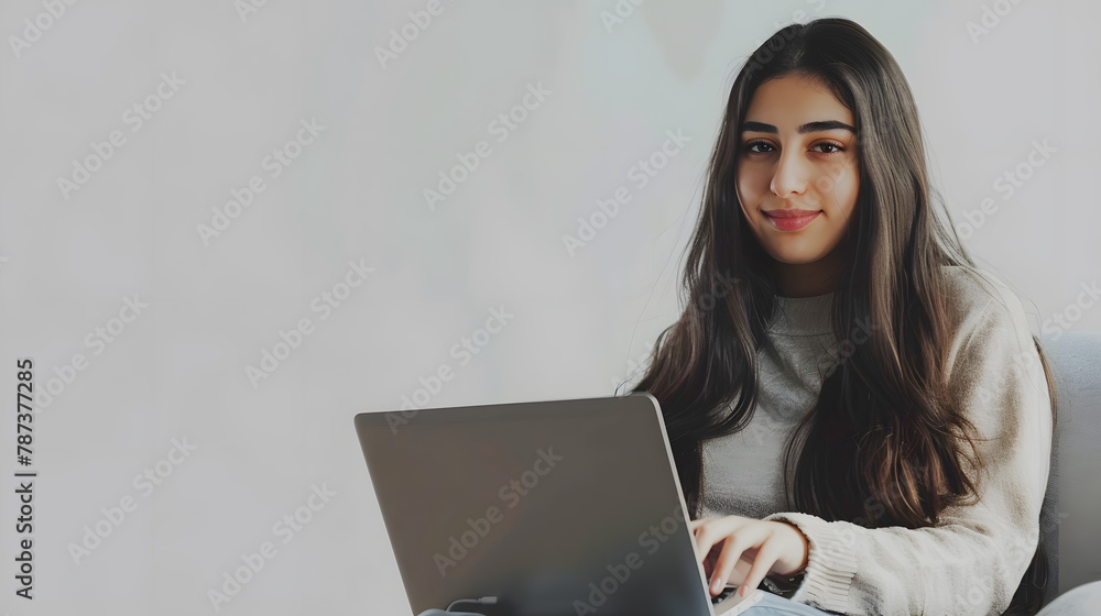Naklejka premium Happy pretty young longhaired arab woman in casual outfit sitting in armchair over white wall background typing on pc laptop keyboard and smiling female digital nomad working from home : Generative AI