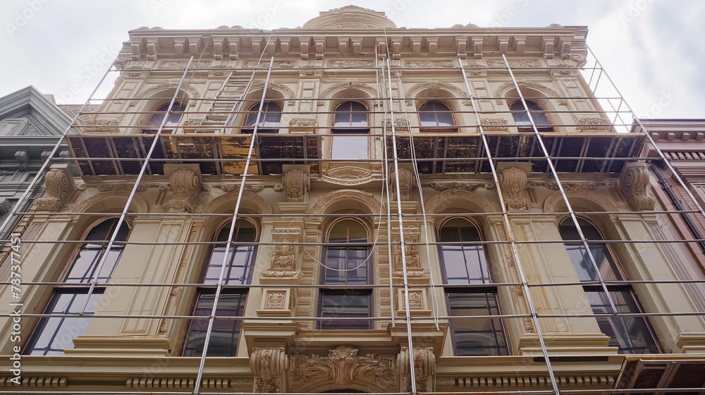 Historical building facade renovation, scaffolding in urban setting