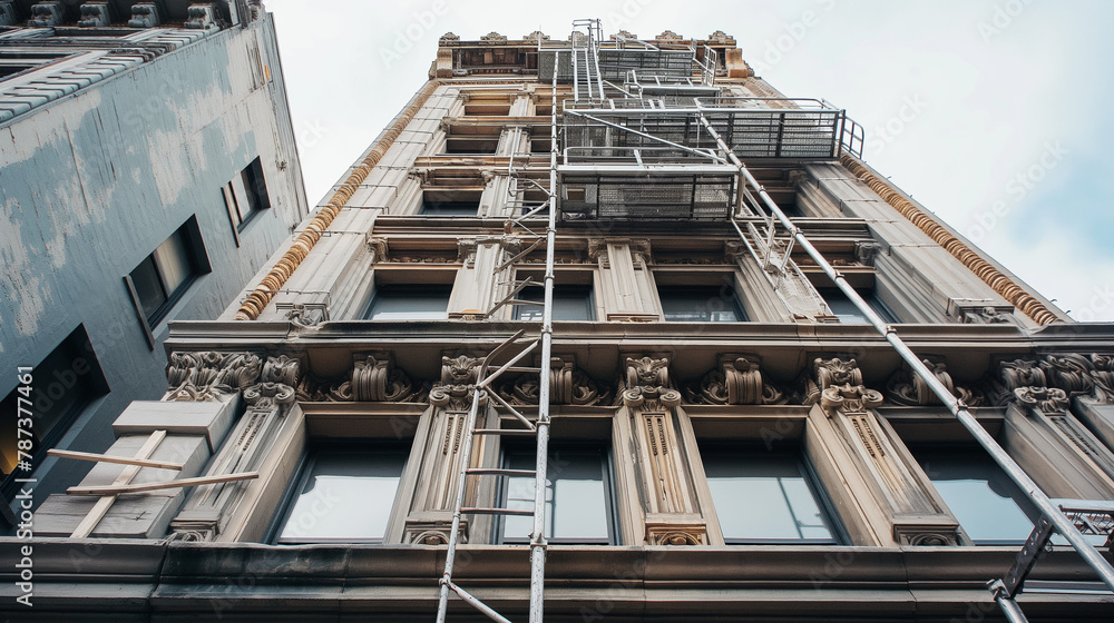 Historical building facade renovation, scaffolding in urban setting Historical building facade renovation, scaffolding in urban setting